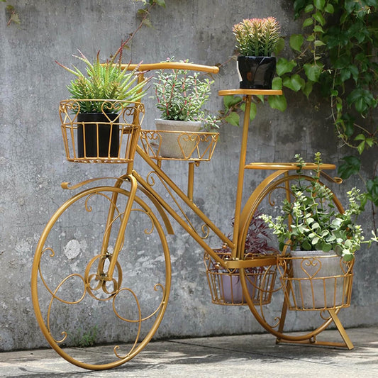 OJHVTCXD Bicycle Plant Stand with 4 Baskets Wrought Iron Flower Pot Cart Holder for Outdoor Garden Home Decor Deck Patio (White) Stand