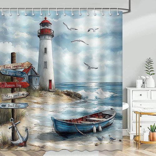 Mocsicka Nautical Coastal Shower Curtain Ocean Beach Lighthouse Bathroom Shower Curtain Seaside Nautical Coastal Waterproof Fabric Shower Curtains Bathtub Decor with 12 Hooks 72 X 72 Inch (Blue)