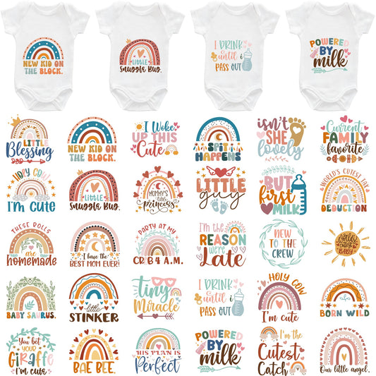 Boho Baby Iron on Transfers, 30 PCS Rainbow Onesie Decorating Kit Baby Shower, Inspirational Heat Transfer Stickers, Iron on Decals for T Shirts Hoodie Bibs Bodysuit Clothing DIY Crafts