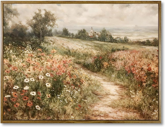Skiennix Framed Canvas Wall Art - Vintage Wildflower Field Painting for Living Room & Bedroom Decor