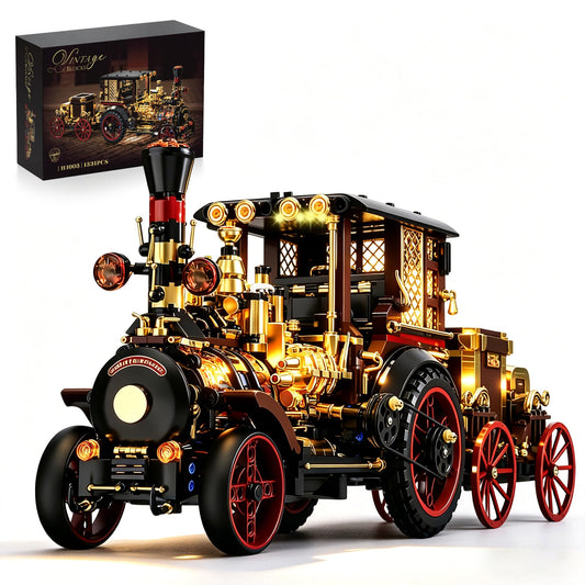 chanbrick Retro Mechanical Steam Car Building Set for Adults, Vintage Steampunk Locomotive Vehicle Collectible Model with Light for Home Office Classic Decor -1331pcs