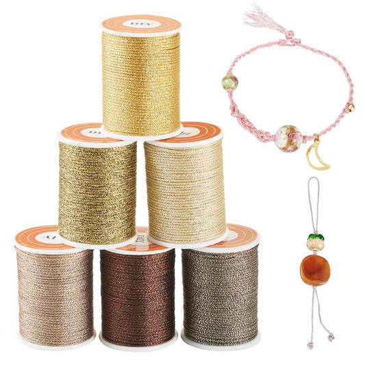 Beadthoven 6 Rolls Metallic Cord Twine 46 Yards Metallic Thread Colored Tinsel String Crafts Cord Tag Cord for Christmas Ornament Hanging Decoration Jewelry Making Thread Gold Brown Khaki