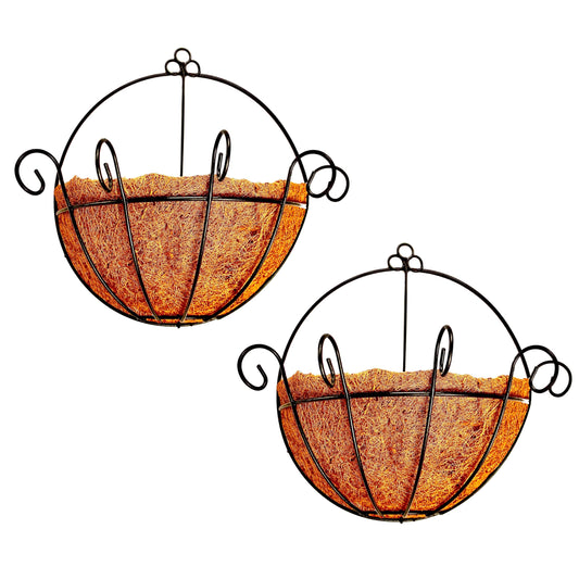 ShopLaLa Wall Hanging Planter for Outdoor Plants (2 Pack, 12 Inch) Wall Mounted Flower Baskets with Coco Liner for Outside Plant, Fence Railings Pots Holder Balcony Deck Porch Modern Garden Decor