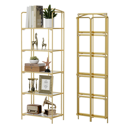 Crofy No Assembly Folding Bookshelf for Living Room, 5 Tier Gold Collapsible Book Shelf for Home Office, Portable Bookcase Storage Organizer