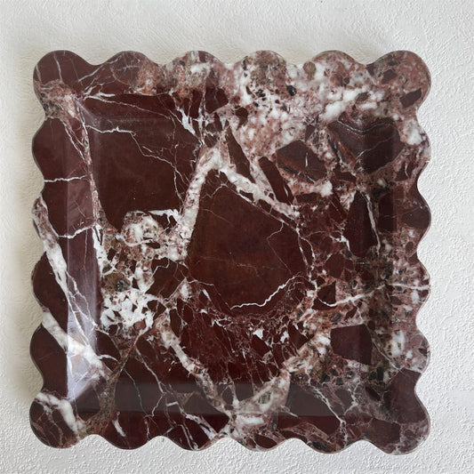 SAIDKOCC Vintage Natural Marble Tray Small Ornaments Scalloped Tray Handmade Storage Dish for Counter, Vanity, Dresser, Nightstand and Desk (Rosa Levanto)