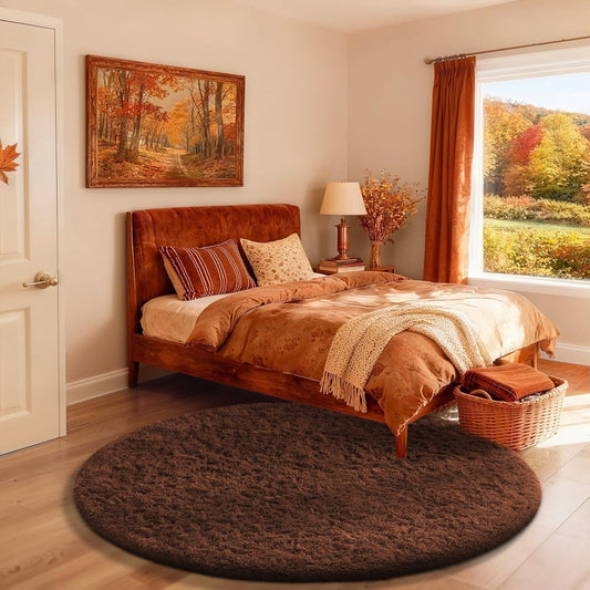 Ophanie Round Rug - 4Ft Brown Circle Area Rug | Fluffy Plush Shaggy Carpet for Kids' Rooms & Nurseries