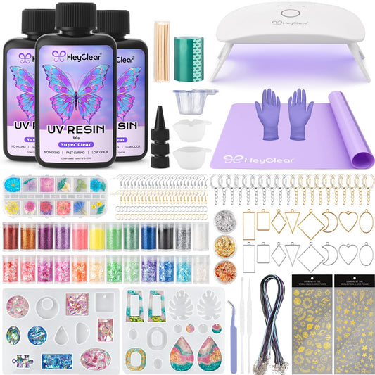 HeyClear UV Resin Molds Jewelry Making Kit with Light -300g Super Clear, Hard, Low Odor, Premixed and Fast Curing for Keychains, Earrings, DIY Craft Decorations