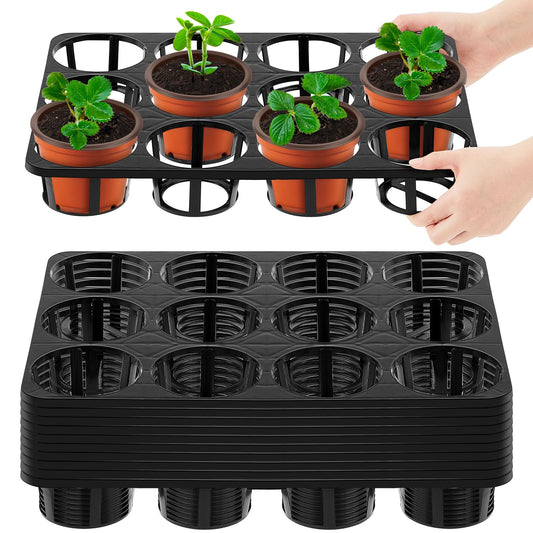Vercraft 10 Pcs 12 Cell Nursery Planter Pots Trays 16.73" x 12.6" Plastic Pots Plant Tray for 4 Inch Round Nursery Planter Seedling Tray Flowerpot Carrier Transporting