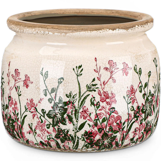 Ninehaoou 7.7" Large Vintage Ceramic Plant Pot Pink Green Boho Wildflower Crackle Glaze Flowers Planter Pot with Drainage for Indoor Outdoor Plant Rustic Farmhouse Kitchen Office Shelf Home Decor Gift