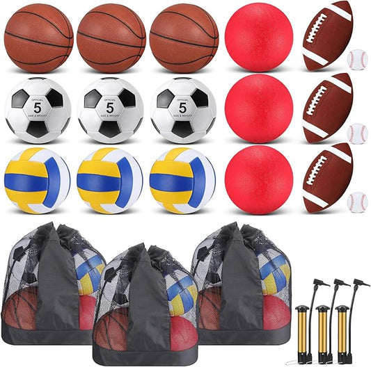 Leyndo 18 Pcs Sport Balls Bulk Set Basketball Football Volleyball Soccer Playground Baseball with Sport Equipment Bag Pump for Outdoor Indoor Practice Gift