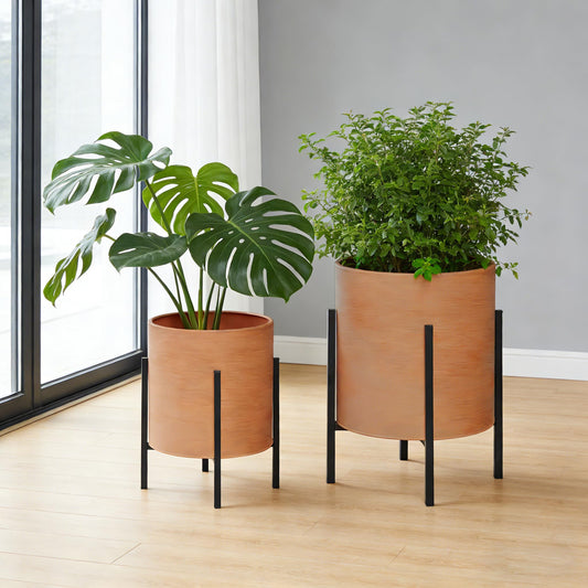 ARNIS Modern Plant Pots, Set of 2 Large Planters with Stand, Decorative Planters, Metal Pots with Drainage Holes for Living Room, Office, Garden or Balcony, 8.25 &10.5 Inch, Terracotta
