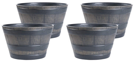 Gardenised Rustic Wood- Look Plastic Half Barrel Flower Pot Bucket Planter, Pack of 4