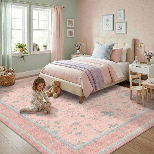 Oushak Rugs | Washable Pink and Blue 6x9 Area Rug - Soft Faux Wool, Modern Floral Design for Kids' Rooms