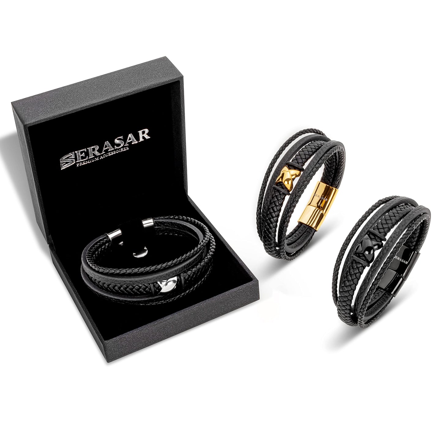 SERASAR Mens Leather Bracelet 17cm Silver Presents Men Gift Box Cowhide Braided Magnetic Clasp Multi Layer Wrap Rope Mans Male Bracelets Band Jewelry Magnet Accessories