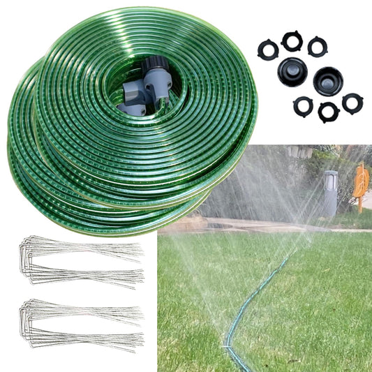 Secbulk 2026 Reinforced Sprinkler Hose & Soaker Hose for Yard - 100FT (50ft*2) Flat Garden Hose with Holes, Heavy Duty No-Kink Lawn Irrigation Hose (Includes Stakes, High Pressure Spray)