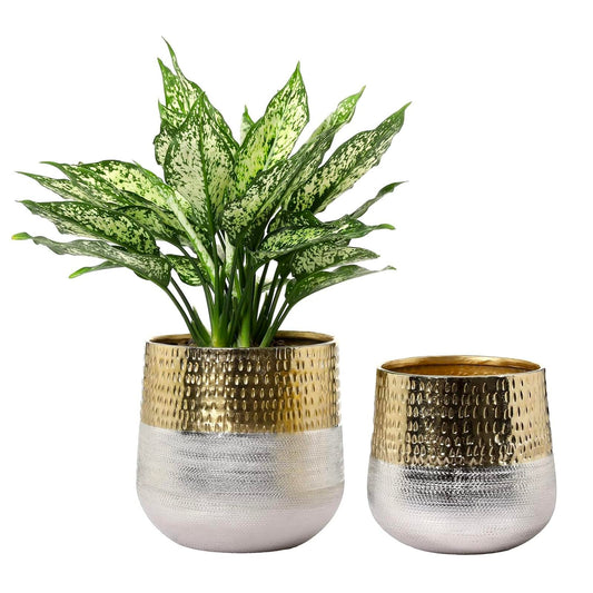 MyGift Round Two-Toned Indoor Planter Pot, Hammered Brass and Milled Embossed Silver Tone Metal Planter Vase, Set of 2 - Handcrafted in India