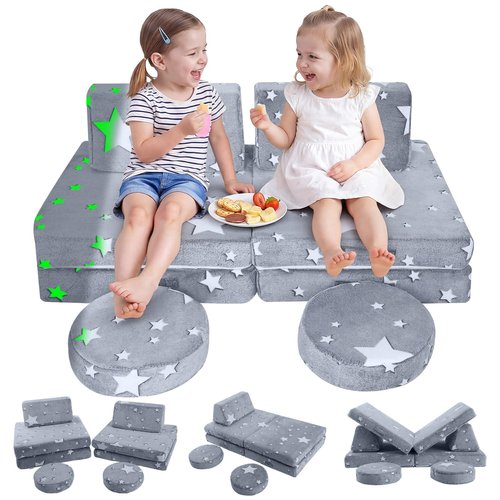 MeMoreCool Kids Play Couch, 8-Piece Modular Toddler Couch with Glow in The Dark Stars – Convertible Fort Builder Kids Sofa, Soft Foam Indoor Climbing Furniture with Washable Covers for Boys and Girls