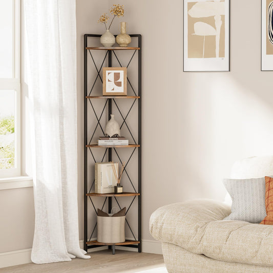 Cerlyunzan 5 Tier Corner Shelf Stand, 64" H Tall Industrial Corner Bookshelf for Living Room Decor, Metal Corner Shelf, Plant Stand Display Shelf for Bedroom, Bathroom, Small Space, Rustic Brown