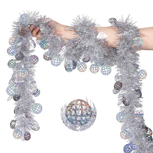 LOAVER 33 FT Christmas Silver Disco Ball Tinsel Garland,Metallic Tinsel Twist Garland Shiny Hanging Decoration for Christmas Tree Disco Party Home Supplies Staircase Railing Indoor Outdoor Decor