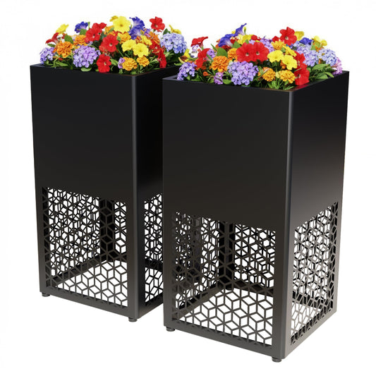 Vrtizalv 2 Pack Tall Metal Planter Box for Outdoor Plants 16" L x 16" W x 30" H, Heavy Duty Tall Rounded Corner Spliced Hollowed-Out Design Planter for Porch, Garden, Patio, Yard Outdoor Plants