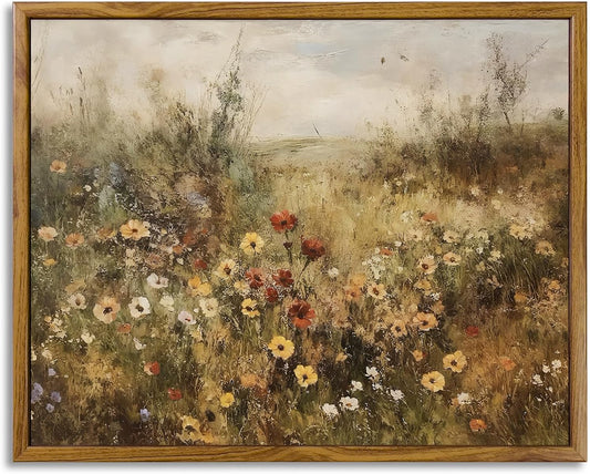 Skiennix Framed Canvas Wall Art - Vintage Landscape Painting for Living Room & Bedroom Decor | Wildflower Meadow at Dusk