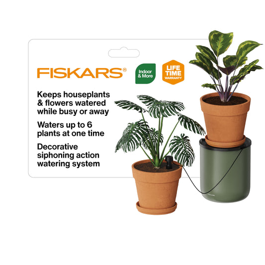 Fiskars LifeWell Watering System for Houseplants, Self-Watering Indoor Plant Stand with Siphon Action, Waters Up to 6 Plants, 33" Reach