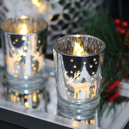 Skiennix Silver Votive Tealight Candle Holders - 12PCS Carved Reindeer Xmas Table Centerpiece Decor