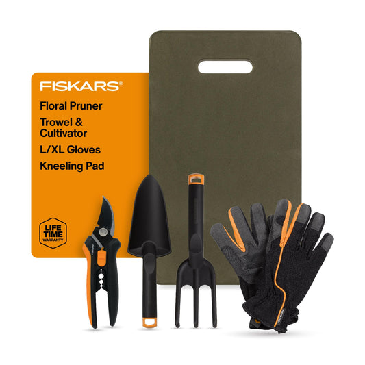Fiskars 5-Piece Flower Gardening Essentials Set, Floral Pruner, Trowel, Cultivator, Gloves & Kneeling Cushion, Easy Action Bypass Blade with Wire Cutter & Stem Stripper, Lightweight Rustproof