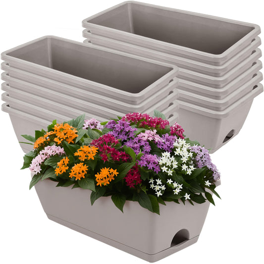 LOCONHA Window Box Planter, Plastic Vegetable Flower Planters Boxes 17 Inches Rectangular Flower Pots with Saucers for Indoor Outdoor Garden, Patio, Home Decor (12, French Grey)