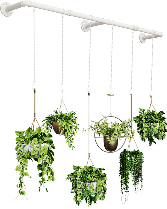 SOFITORG Plant Haning Rod, Hanging Planters for Indoor Plants with 6 Chains, Wall Plant Hanging Bar for Window Celling, 65.7 Inch, Metal White, Pots Not Included