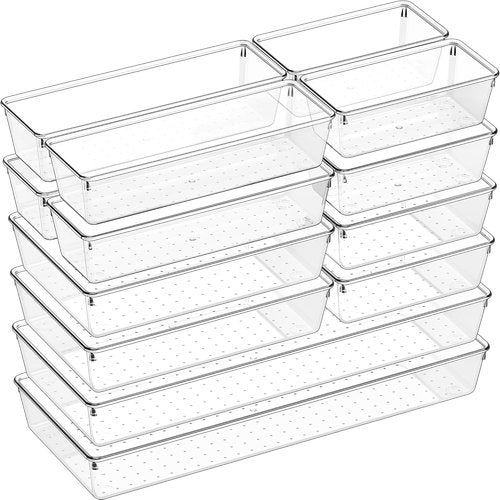 Criusia 14 PCS Clear Plastic Drawer Organizer Set | 5 Large Non-Slip Storage Bins for Kitchen & Bathroom