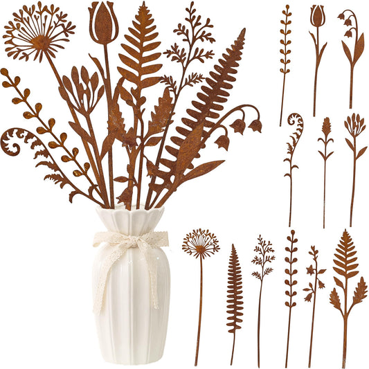 12 Pieces Rustic Metal Flowers and Plants Garden Stakes Rusty Plant Shaped Decoration Fern Leaf Decor for Flower Arrangements Potted Plants Patio Lawn Yard Walkway and Outdoor Courtyard Decoration