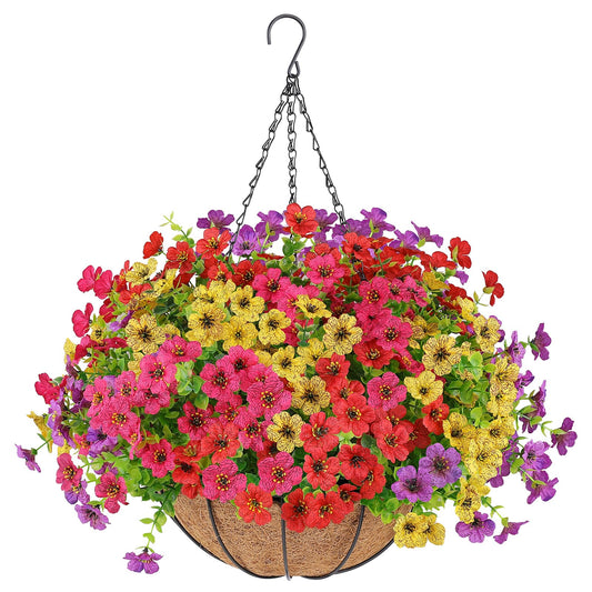 AGIRL Artificial Flowers Hanging Plants in Basket,Artificial Hanging Flowers for Outdoor Indoor Decor,UV Resistant Hanging Baskets with Fake Flowers for Patio Garden Porch Deck Decoration