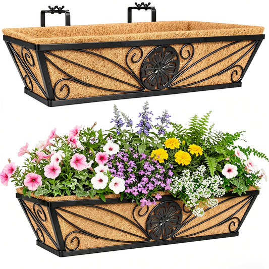 MUYEZHIYU 2 Pack 24 Inch Railing Planter Boxes with Coco Liner, Floral Scroll Metal Window Box Planters for Outdoor Plants, Black Hanging Window Baskets for Garden, Patio, Balcony Railing Decor