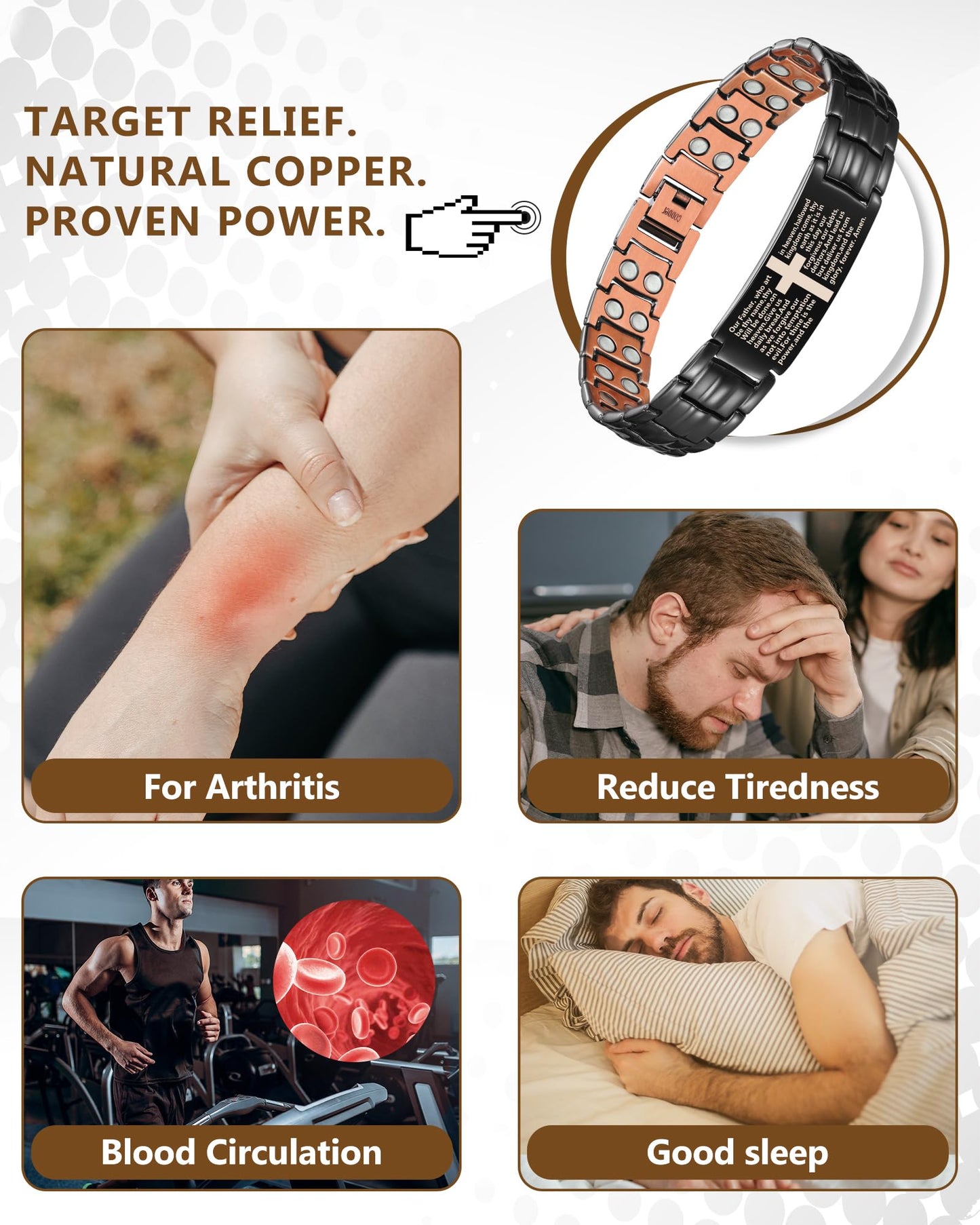 Feraco Copper Cross Bracelet for Men,99.99% Pure Copper Magnetic Therapy Bracelets with 46 Magnets（Black）