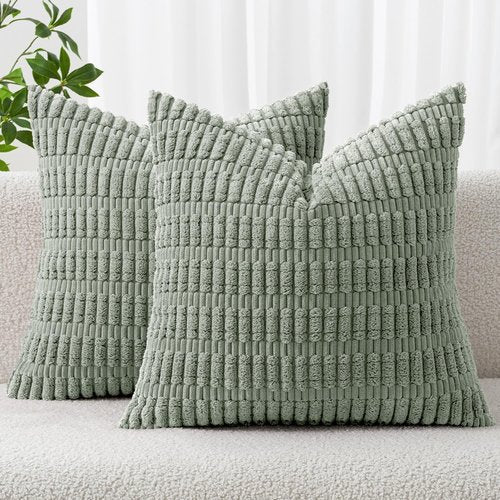 MIULEE Decorative Throw Pillow Covers - Soft Boho Striped Corduroy | Pack of 2, 12x12 Inch, Greyish Green