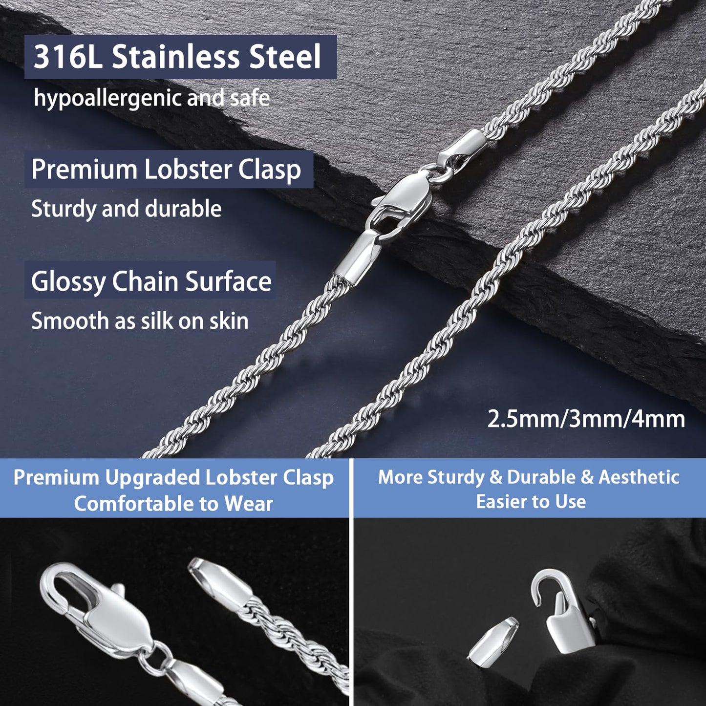 Jewlpire Silver Tone Chain for Men, 4mm Stainless Steel Rope Chains Silver Chain Necklace for Men Sturdy Mens Chains Necklace, 20 Inch