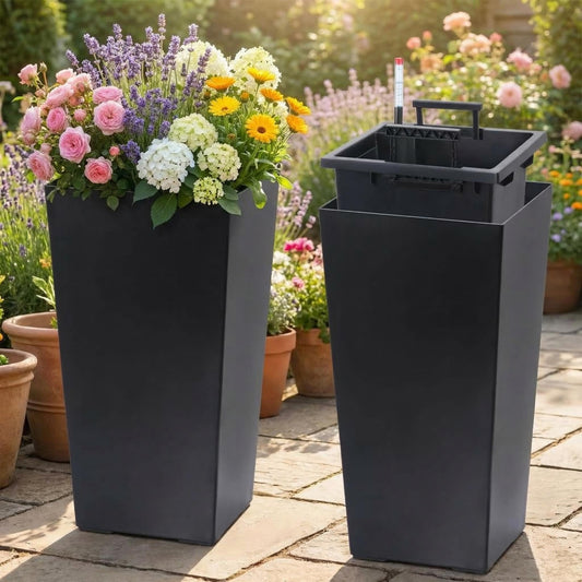 ExploreHorizon 22.5" Tall Planters Set of 2, Outdoor & Indoor Planter Pots for Front Porch and Patio, Automatic Watering Garden Planters with Water Level Monitor, Inner Bucket & Drainage Holes，Black