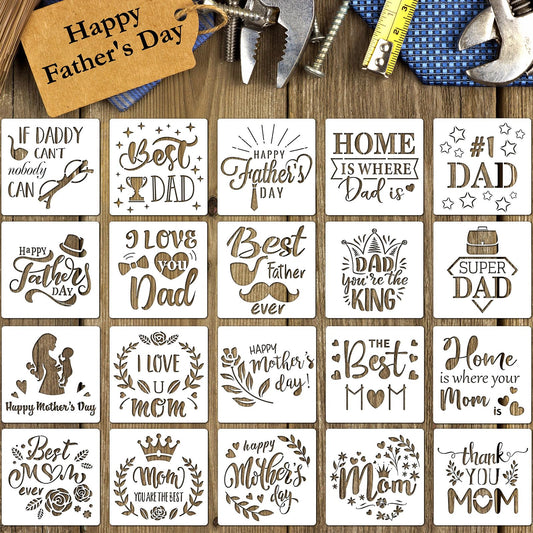 20 Pieces Happy Father's Days Stencils Fathers Gift Mother's Day Stencils 6 x 6 Inch Decorative Letter Painting Stencil Templates Reusable Stencil for Scrap DIY Crafts Booking for Home Decor