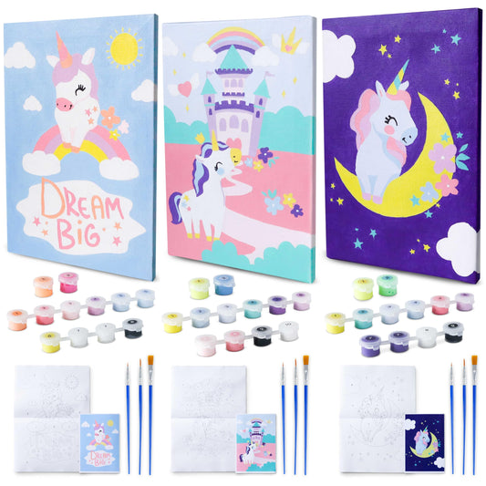 BONNYCO Paint by Numbers Kit for Kids Unicorns Pack 3 Canvas. Paint by Number, Canvas Framed Pre Drawn. Unicorn Gifts for Girls, Arts and Kids Crafts 4-6 8-12. Pintar por Numeros, Unicorn Craft