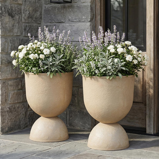 Casaphoria 2-Pack 23" Tall Planters for Outdoor Plants, 16" Large Plastic Flower Pots with Drainage, Lightweight Antique Shape Planters for Front Porch, Patio, Deck (Beige)