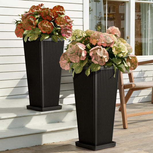 Trygoal Tall Black Planters Outdoor Set of 2-23.6" Modern Tapered Plastic Planters for Outdoor Plants with Drainage Holes/Partition/Tray, Large Indoor Planter for Porch Patio Garden Front Porch