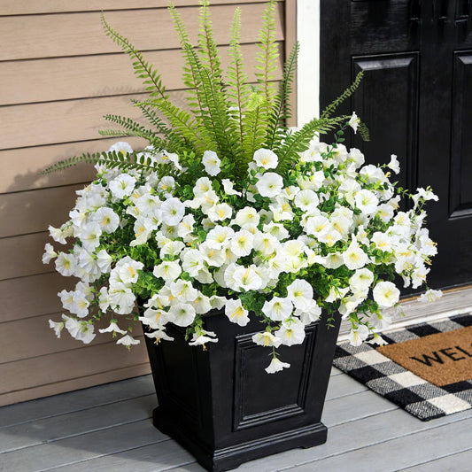 Hrobek Artificial Flowers for Outdoors Faux Plants Outside Indoor,UV Resistant Silk Fake Morning Glory Tall Ferns for Home Patio Garden Back Yard Front Porch Decor Spring Summer(13 Bunches,White)