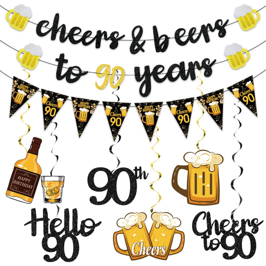 Black Gold 90th Birthday Decorations for Men Women, Glitter Pre-Strung Cheers to 90 Years Banner Hello 90 Hanging Swirls Paper Triangle Flag Banner Decorations Bday Party Supplies Kit