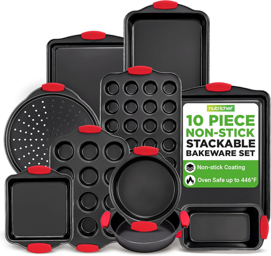 NutriChef 10-Piece Nonstick Baking Pans Set - Premium Carbon Steel Bakeware with Silicone Handles | Easy to Clean