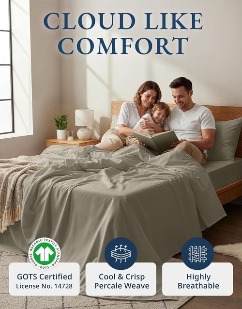 LANE LINEN 100% Organic Cotton Full Size Sheet Set - Eco-Friendly, Soft Percale, Silver, 15" Deep Pocket