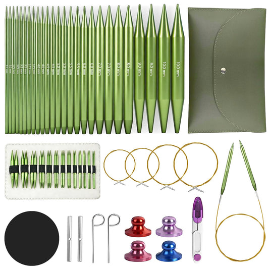 TRILVIX Knitting Needles Set, 13 Pairs Aluminum Interchangeable Circular Knitting Needles Set 4 Inch with 4 Cables, Accessories and Storage Bag for Multiple Knitting Projects Green