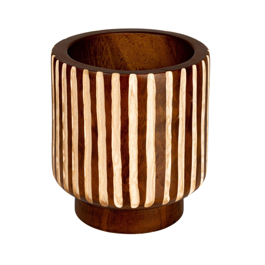 Creative Co-Op Hand-Carved Wood Planter with Stripes, Walnut Finish