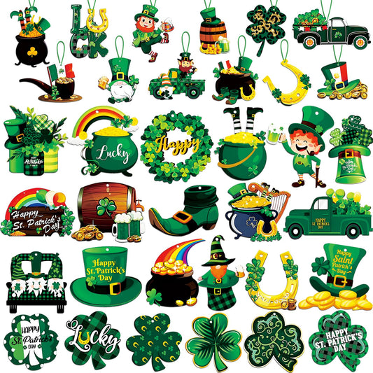 St. Patricks Day Decorations 36pcs Wooden Shamrock Ornaments, Spring Lucky Irish Day Tree Ornaments St Patrick's Day Home Party Hanging Decorations