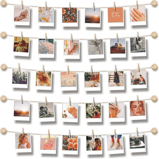 BIZYAC Hanging Photo Display Room Wall Decor - Sculptural Picture Frames Collage - 5 Strings with 30 Clips - 3M Self Adhesive Hooks - No Holes Drilling - 30 x 30 inch